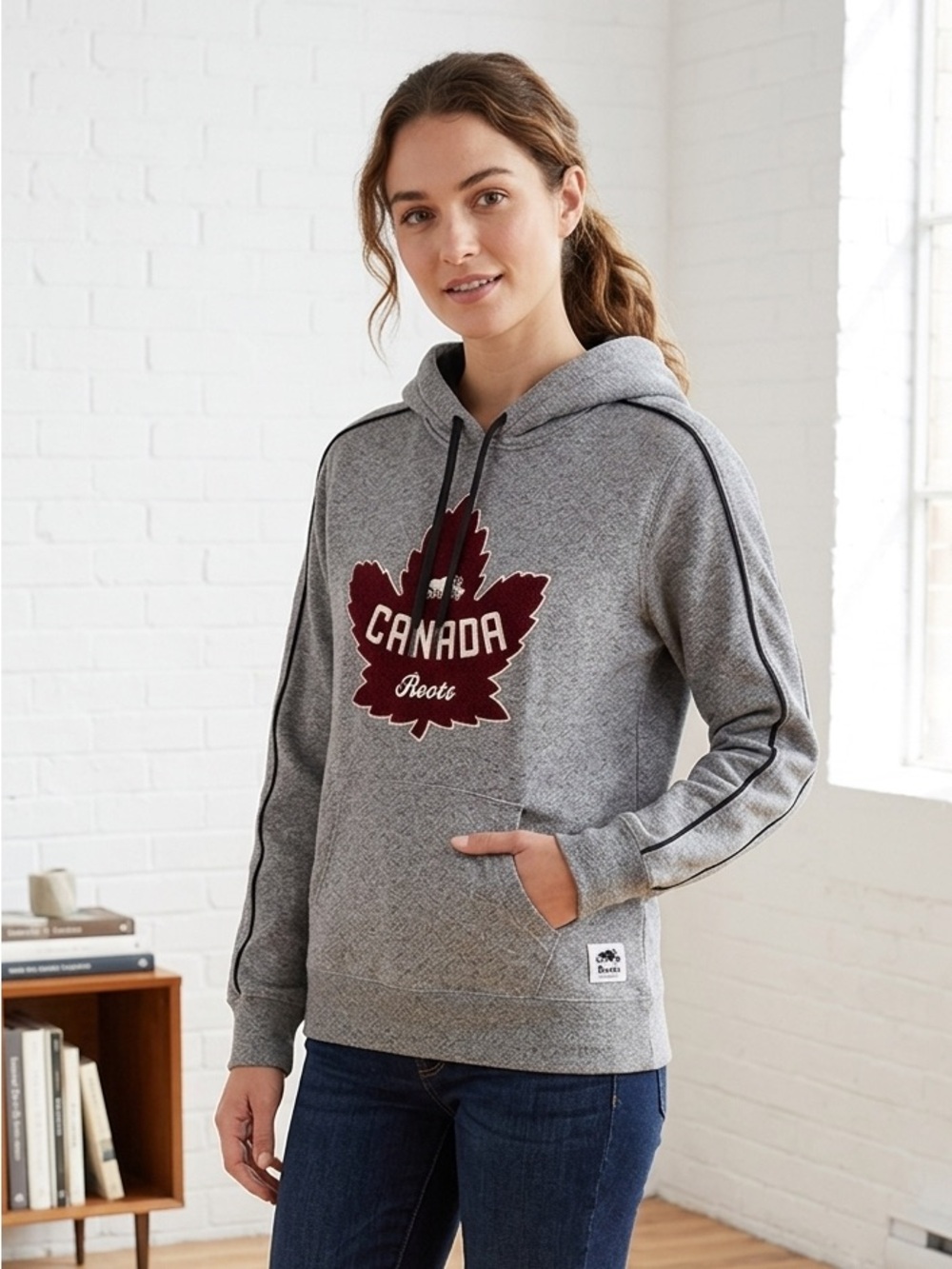 Roots Grey Hoodie with Maroon Canada Maple Leaf
